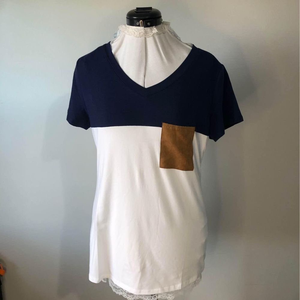 NWT Medium Sampeel Womens Short Sleeve Black White Brown Pocket Blouse C5560